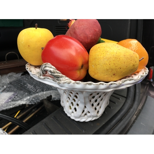 330 - VINTAGE PIERCED FRUIT BOWL FULL OF PLASTIC FRUIT