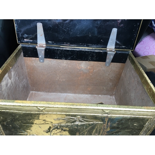 196 - VERY NICE BRASS COAL BOX WITH SHIP DECORATIONS