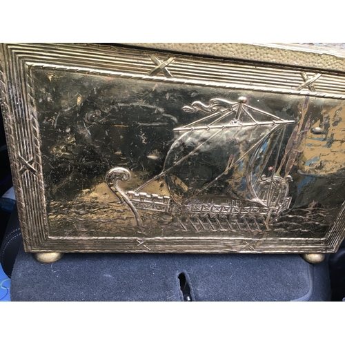 196 - VERY NICE BRASS COAL BOX WITH SHIP DECORATIONS