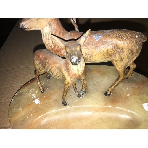 359 - UNUSUAL METAL DEER FIGURES ON MARBLE PLINTH