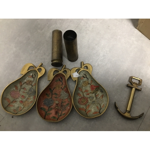 10 - COLLECTION OF BRASS INCLUDING THREE PEAR DISHES, ANCHOR CORKSCREW AND SPENT SHELLS