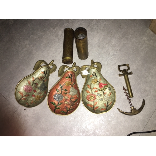 10 - COLLECTION OF BRASS INCLUDING THREE PEAR DISHES, ANCHOR CORKSCREW AND SPENT SHELLS