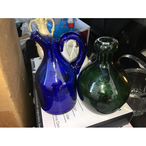 67 - Two Glass Hand Blown Pitchers to include Cobalt Blue and Emerald Green Largest 9