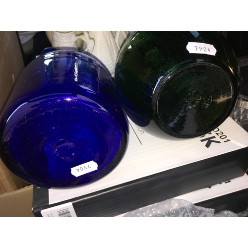 67 - Two Glass Hand Blown Pitchers to include Cobalt Blue and Emerald Green Largest 9