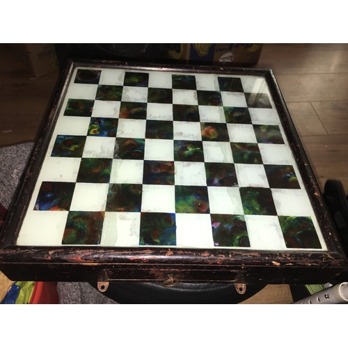 171 - A VERY NICE Antique wood and glass draughts set with secret drawer