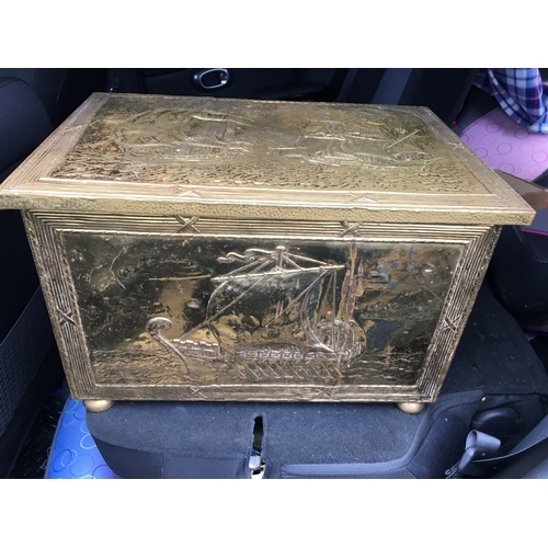 196 - VERY NICE BRASS COAL BOX WITH SHIP DECORATIONS