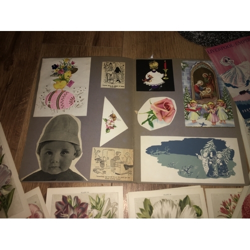 18 - FANTASTIC SELECTION OF EPHEMERA INCLUDING XMAS SCRAP BOOK OF VINTAGE CARDS AND VINTAGE FLOWER PICTUR... 