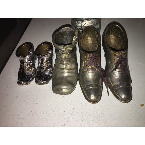 32 - SELECTION OF FIVE METAL VINTAGE BOOTS INCLUDING TWO PAIRS