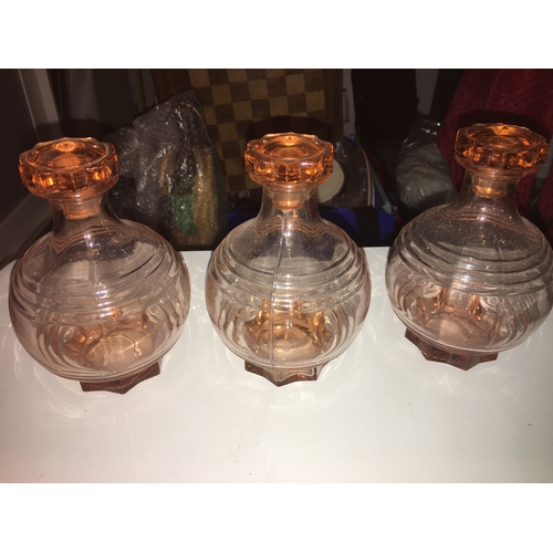 55 - LOVELY SELECTION OF 3 vintage peach glass perfume bottle with stopper