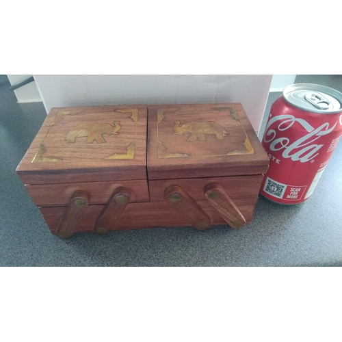 406 - Brass elephant inlaid boxed small sewing box