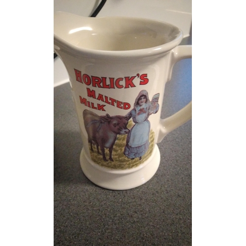 495 - HORLICK'S MILK JUG AND FASTENED LIDDED POT