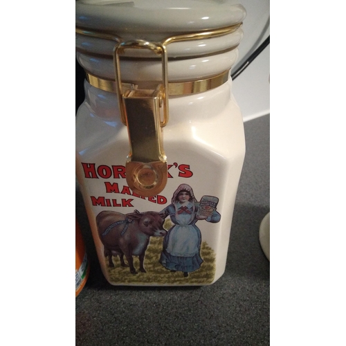 495 - HORLICK'S MILK JUG AND FASTENED LIDDED POT