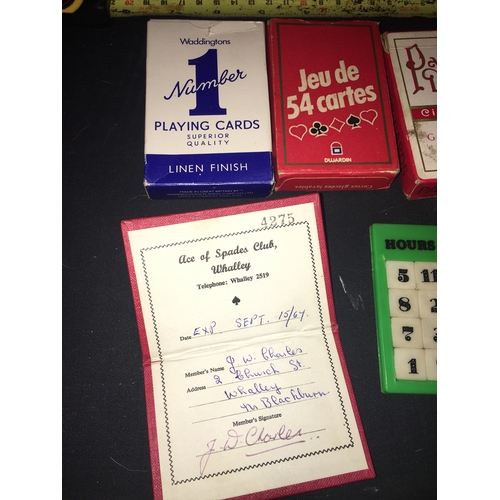 229 - SELECTION OF MID CENTURY PLAYING CARDS AND GAME, WITH ACE OF SPADES MEMBERS PASS