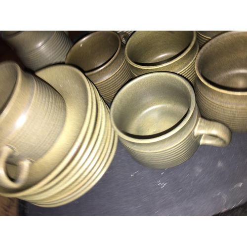 100T - Selection of vintage Denby Langley pottery Sherwood design including 8 cups and saucers, sugar bowl,... 