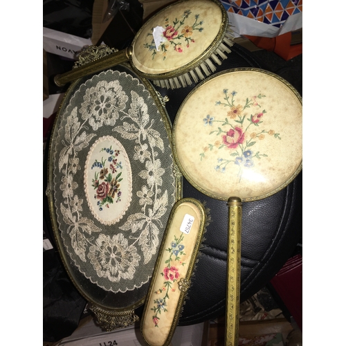 86 - NICE PETIT POINT DRESSING TABLE SET INCLUDING GLASS AND METAL TRAY ON FEET, TWO BRUSHES, MIRROR NICE... 