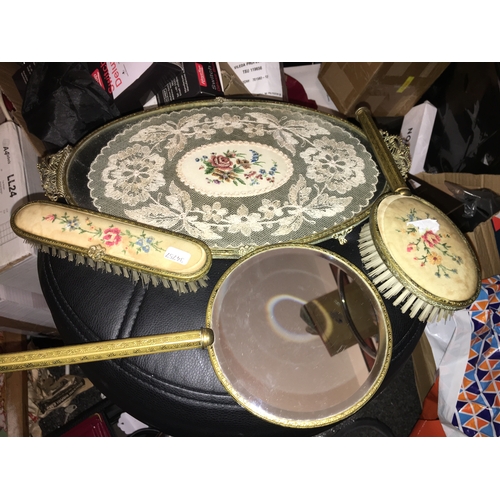 86 - NICE PETIT POINT DRESSING TABLE SET INCLUDING GLASS AND METAL TRAY ON FEET, TWO BRUSHES, MIRROR NICE... 