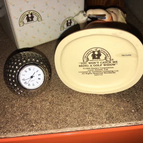 89 - BOXED YOU WON'T CATCH ME BEING A GOLF WIDOW AND A GOLFBALL METAL CLOCK