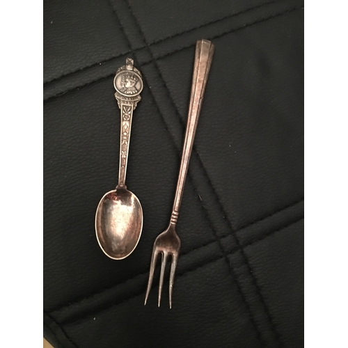 221 - NICE COLLECTORS LOT 1937 CORONATION SPOON AND A SILVER PICKLE FORK