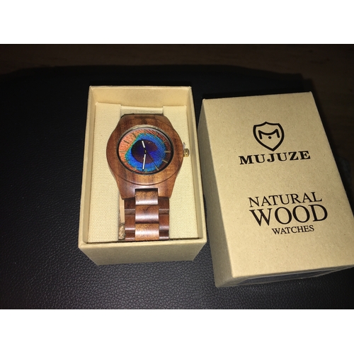 249 - NEW BOXED MUJUZE Natural Handmade Lightweight Analog Quartz 45mm Round Face Sandal Wood Watch with L... 