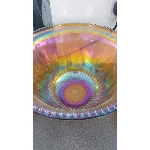 485 - Carnival glass punch bowl with 10 cups