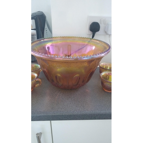 485 - Carnival glass punch bowl with 10 cups