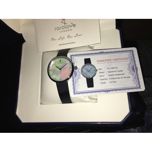 200A - FANTASTIC NEW BOXED ROROLOVE WATCH WITH 3 DIAMONDS IN FACE WITH CERTIFICATE IN BEAUTIFULL GIFT BOX
G... 