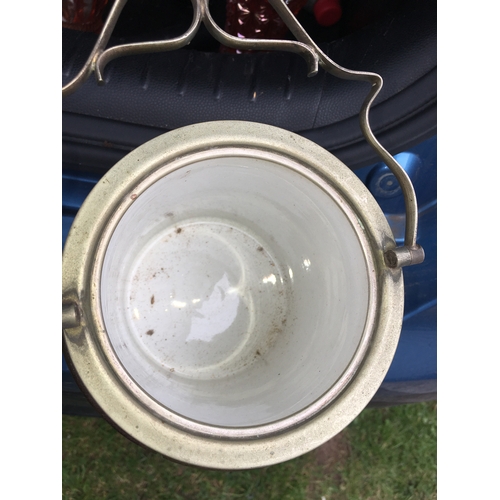 65 - OAK WOODEN BISCUIT BARREL WITH INSERT AND SHIELD 
Split to side