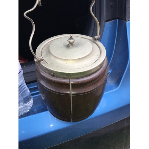 65 - OAK WOODEN BISCUIT BARREL WITH INSERT AND SHIELD 
Split to side