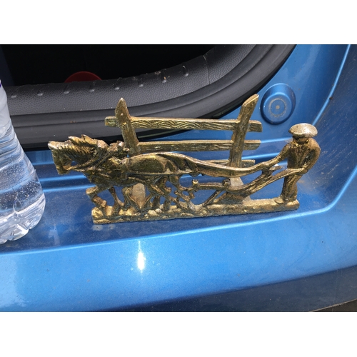 91 - LOVELY BRASS FARMER AND HORSE PLOUGHING LETTER RACK