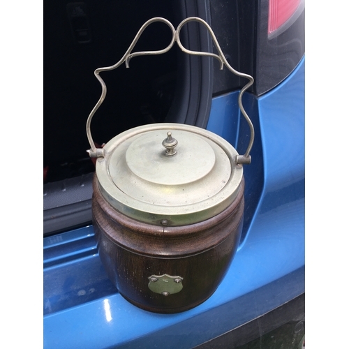 65 - OAK WOODEN BISCUIT BARREL WITH INSERT AND SHIELD split to side