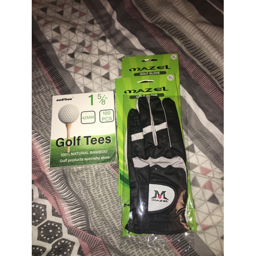 9 - NEW SEALED MAZEL GOLF GLOVE SIZE X LARGE AND BOX OF 100 oodiboo Golf Bamboo Tees