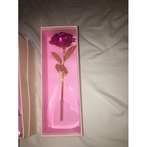 14 - NEW BOXED BEFERR CRYSTAL ROSE ON STAND IN GOLD LEAF