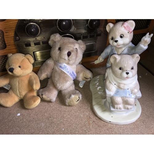 61 - TWO SOFT SMALL TEDDIES AND CHINA TEDDY ORNAMENT