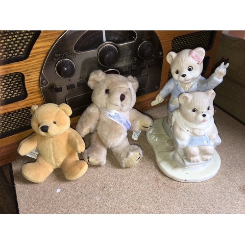 61 - TWO SOFT SMALL TEDDIES AND CHINA TEDDY ORNAMENT