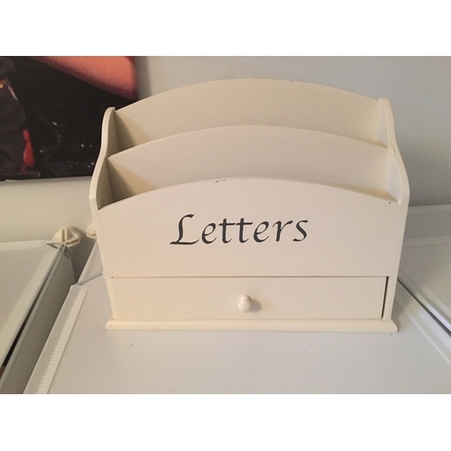 37 - NEW BOXED WOODEN LETTER HOLDER WITH DRAWER IN CREAM