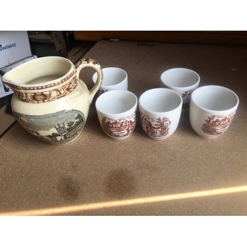 53 - FIVE VINTAGE EGG CUPS AND A VERY NICE ANTIQUE SCENIC MILK JUG