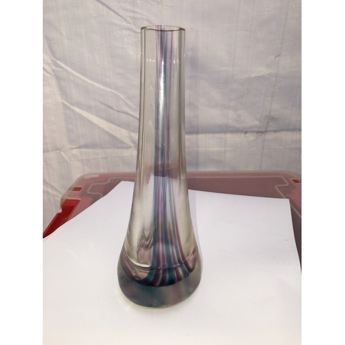 45 - LOVELY TALL GLASS STRIPED FLUTE VASE 24CM