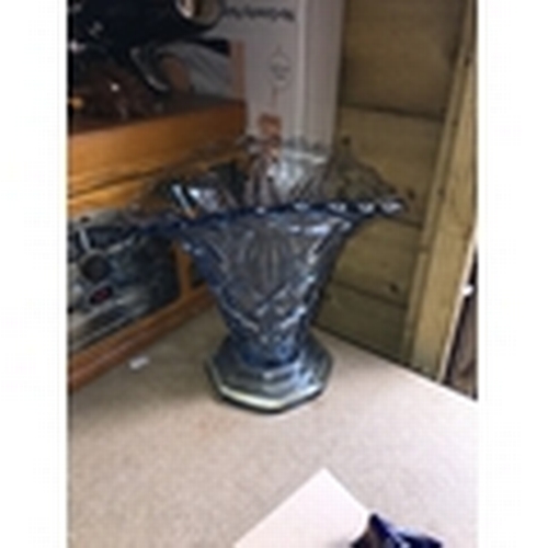 307 - LOVELY BLUE GLASS VASE WITH CENTRE ROSE