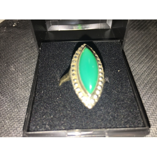 300F - Vintage Silver 925 Marcasite and Green Stoned Ring (Size P) Complete with Presentation Box