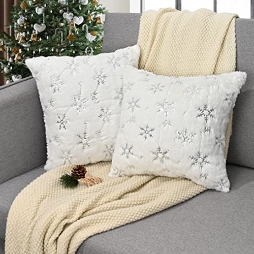 3 - NEW BAGGED XMAS SNOW FLAKE Alishomtll Set of 2 Faux Fur Cushion Covers Silver