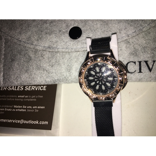 218 - NEW CASED CIVO Ladies Watch Designer Womens Waterproof Black Spin Face