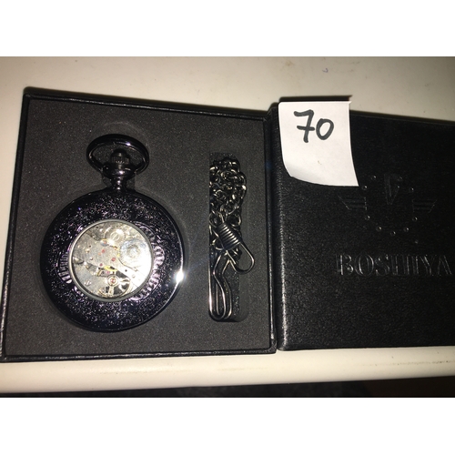 230 - NEW BOXED BOSHIYA ROMAN NUMERALS POCKET WATCH WITH ALBERT