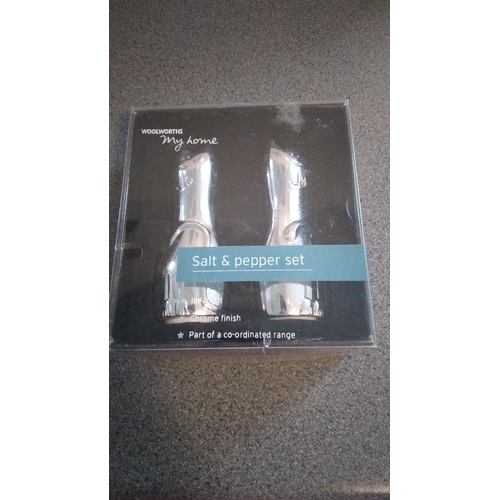 701 - BOXED WOOLWORTHS CHROME SALT AND PEPPER SET