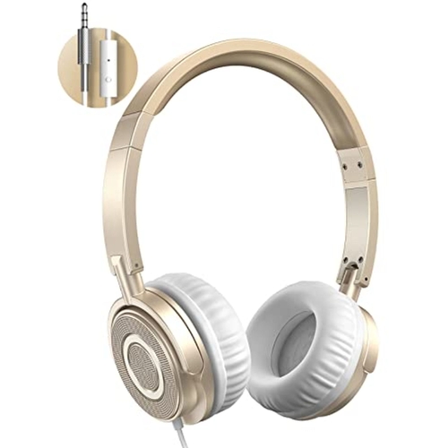 150U - NEW BOXED On-Ear Headphones with Microphone - Foldable Stereo Headset Gold In Colour