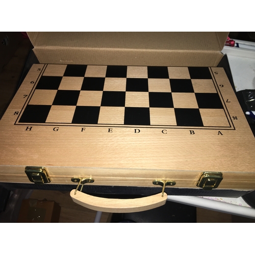 150B - NEW BOXED CHESS/BACKGAMMON AND DRAUGHTS SET WITH WOODEN PIECES AND SHAKERS REGULAR SIZE