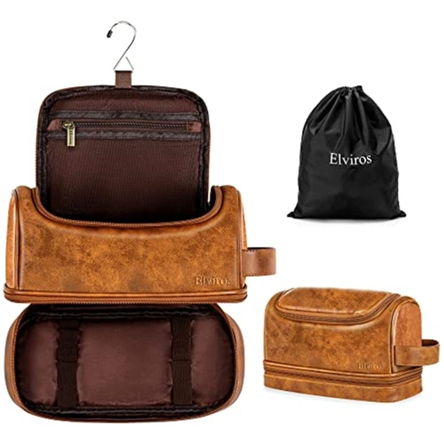 61 - NEW BAGGED Elviros Water-Resistant Leather Toiletry Bag for Men RRP £19.99