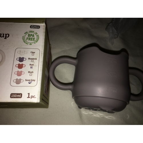 62 - NEW BOXED HAAKAA SILICONE BABY DRINKING CUP IN SILVER