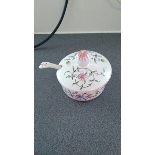 502 - FLORAL CERAMIC PRESERVE POT AND MATCHING SPOON