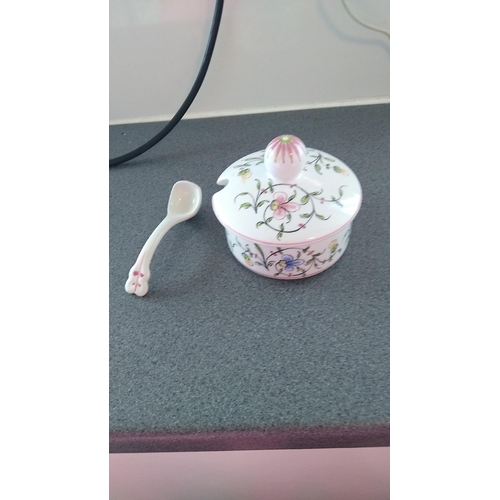 502 - FLORAL CERAMIC PRESERVE POT AND MATCHING SPOON