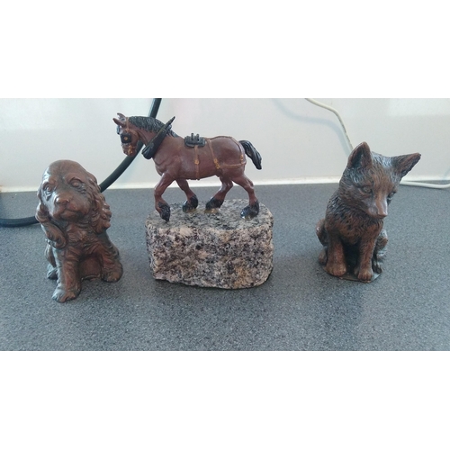 501 - THREE ANIMAL FIGURES INCLUDING HORSE ON STONE PLINTH